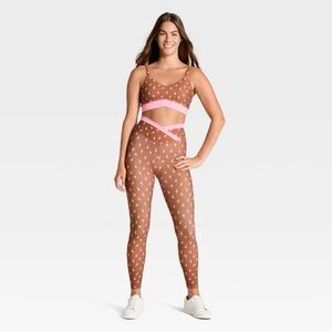 JoyLab Brown Polka Dot High-Waist Leggings with Pink Waistband